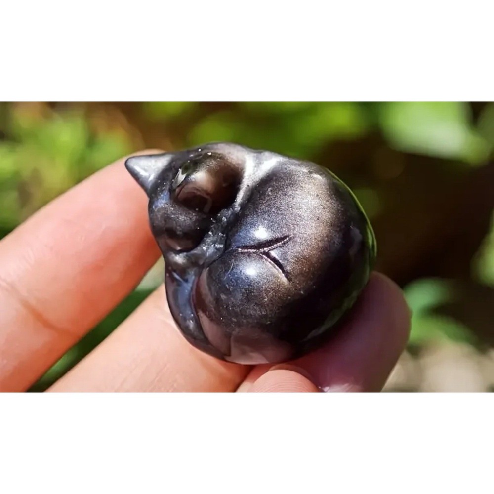 Cat Silver Obsidian Stone Cat hand carved crystal‎ reiki healing 1.1PC